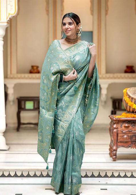 Green Embroidered Blended Saree Set