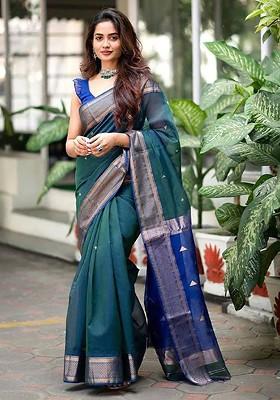 Blue Embroidered Blended Saree Set