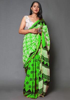 Green Embroidered Blended Saree Set