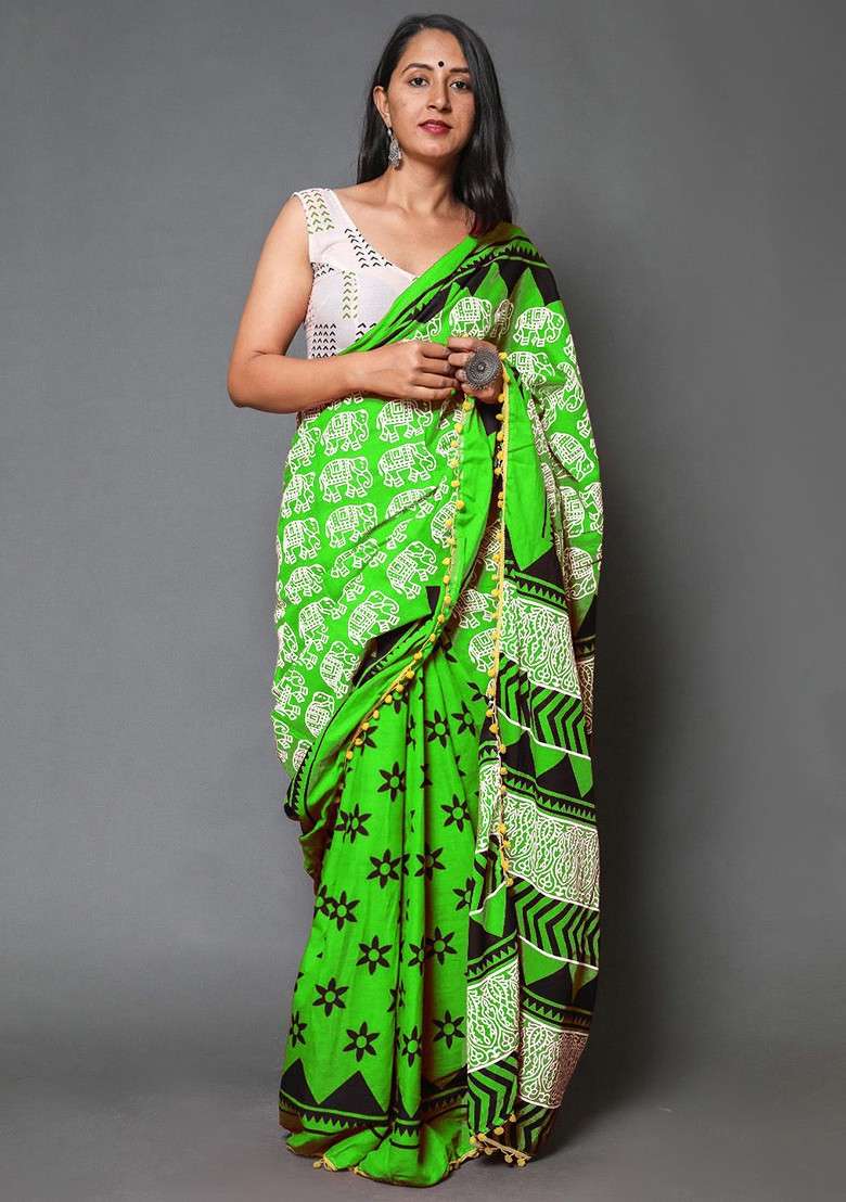 Green Embroidered Blended Saree Set - Indya