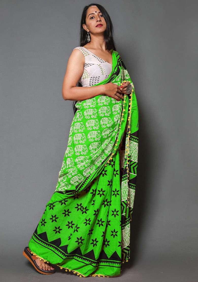 Green Embroidered Blended Saree Set - Indya