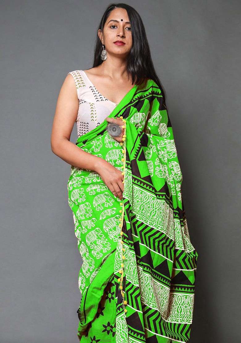 Green Embroidered Blended Saree Set - Indya