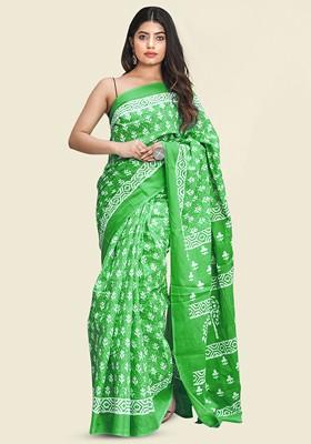 Green Printed Blended Saree Set
