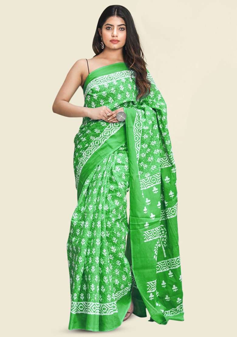 Green Printed Blended Saree Set - Indya