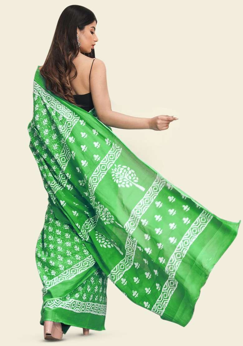 Green Printed Blended Saree Set - Indya