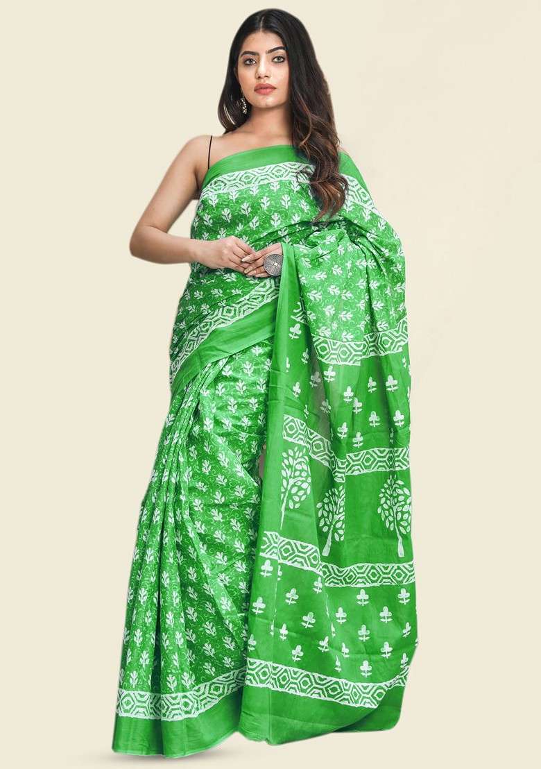 Green Printed Blended Saree Set - Indya