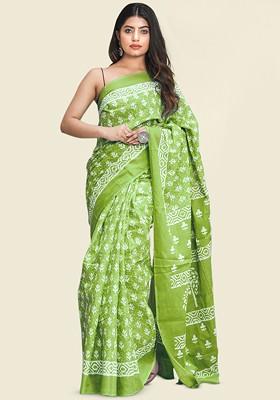 Green Printed Blended Saree Set