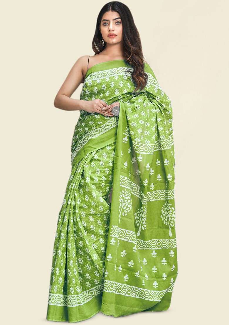 Green Printed Blended Saree Set - Indya