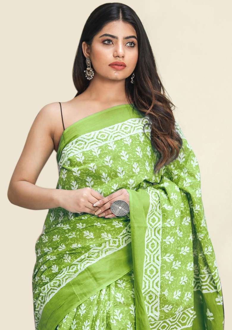 Green Printed Blended Saree Set - Indya