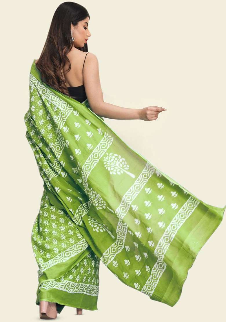 Green Printed Blended Saree Set - Indya