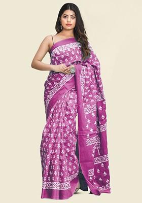 Pink Printed Blended Saree Set