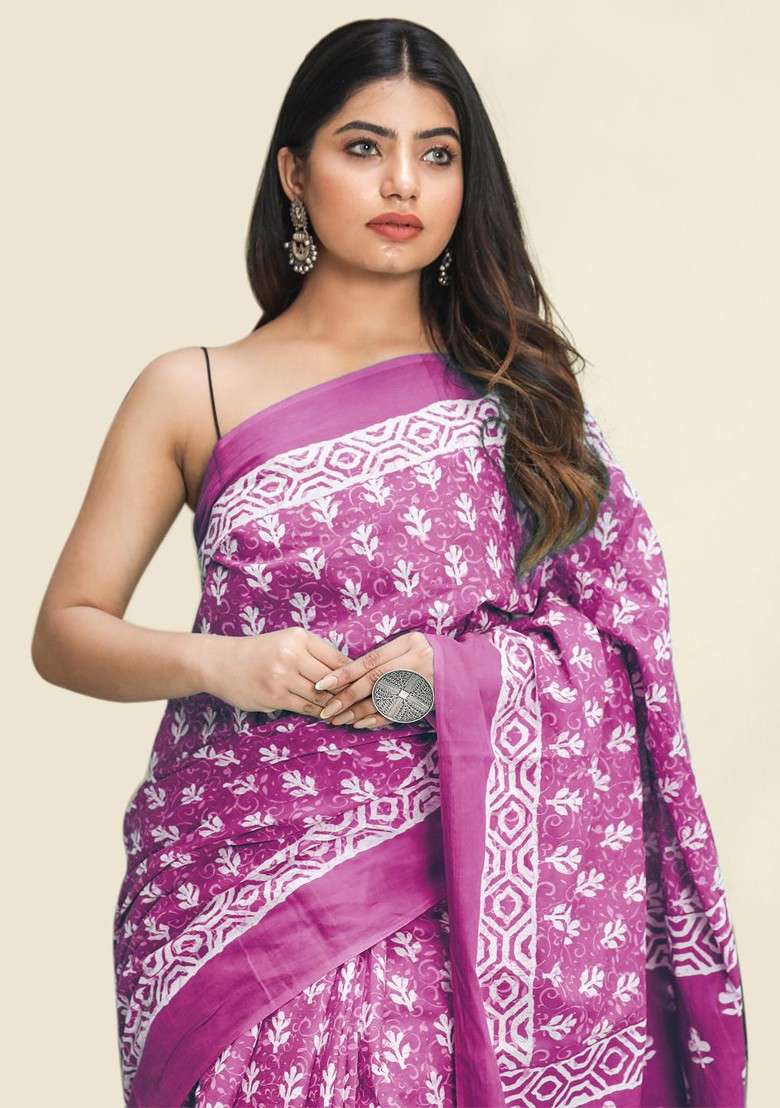 Pink Printed Blended Saree Set - Indya