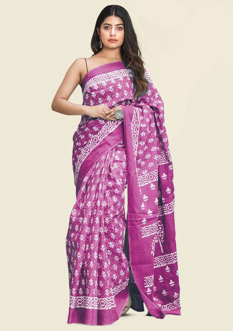 Pink Printed Blended Saree Set - Indya