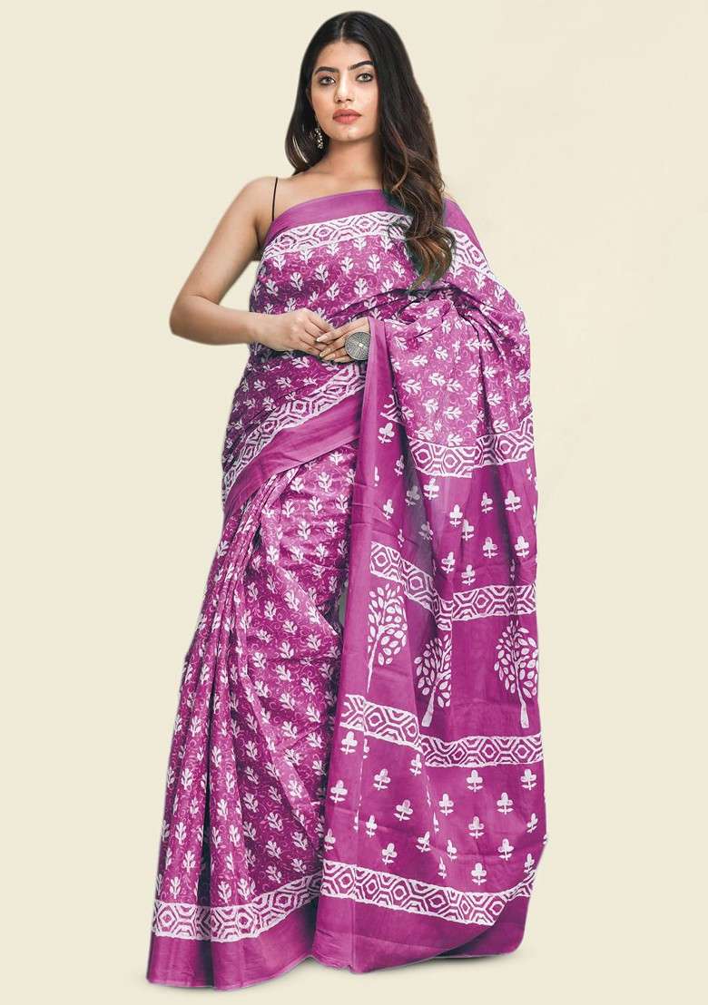 Pink Printed Blended Saree Set - Indya