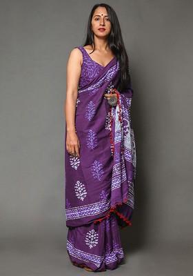 Purple Printed Blended Saree Set
