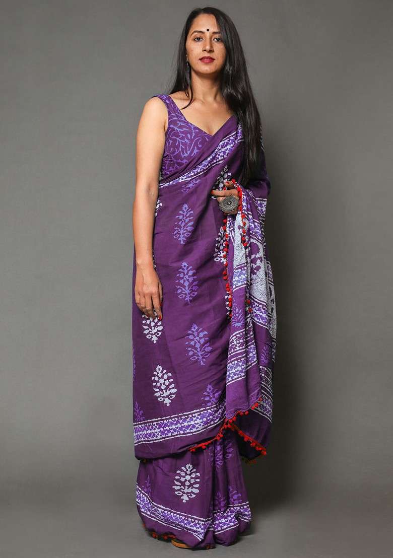 Purple Printed Blended Saree Set - Indya