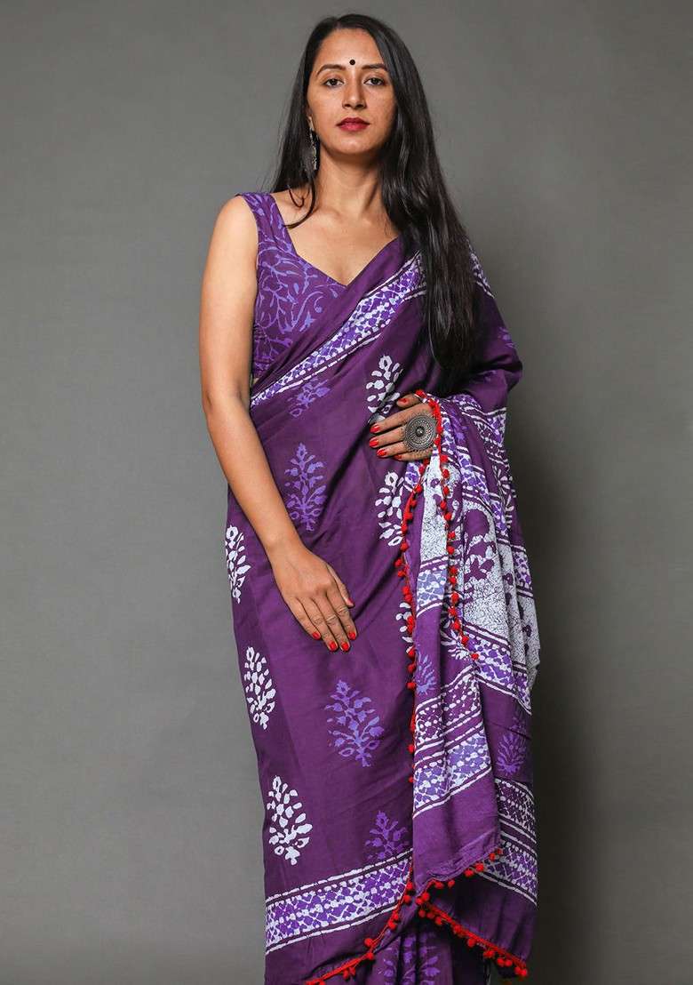 Purple Printed Blended Saree Set - Indya