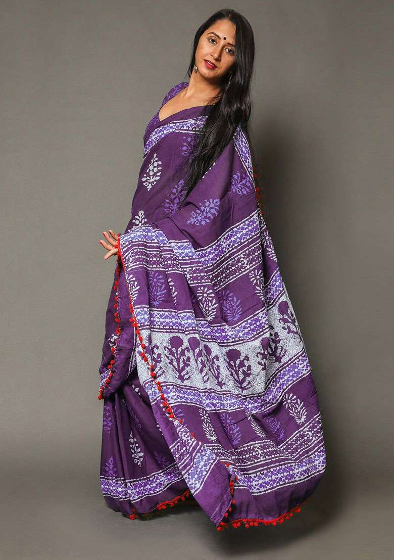 Purple Printed Blended Saree Set - Indya