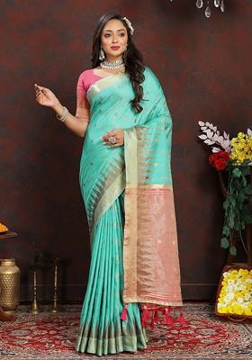 Blue Jacquard Blended Saree Set