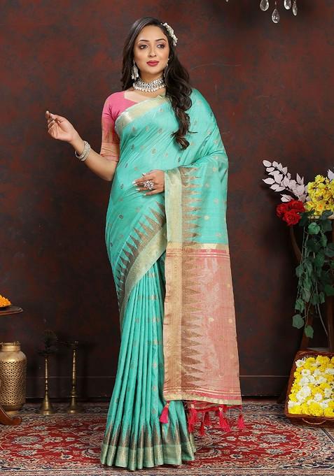 Blue Jacquard Blended Saree Set