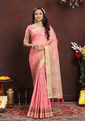 Peach Jacquard Blended Saree Set