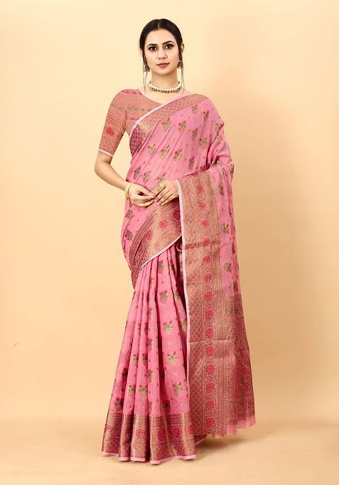 Pink Embroidered Blended Saree Set