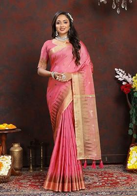 Pink Jacquard Blended Saree Set