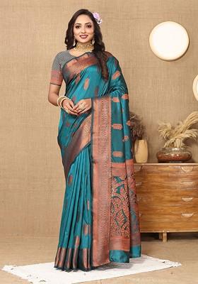 Teal Jacquard Blended Saree Set