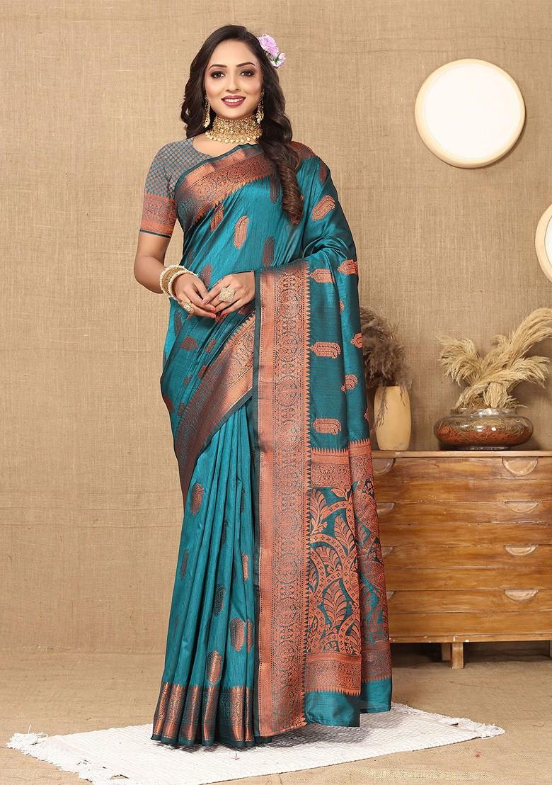 Teal Jacquard Blended Saree Set
