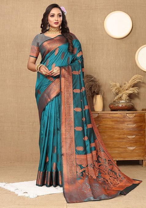 Teal Jacquard Blended Saree Set