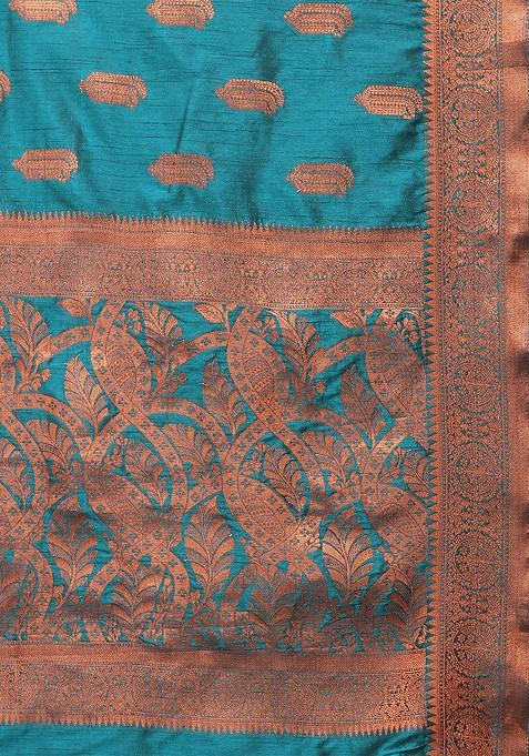 Teal Jacquard Blended Saree Set