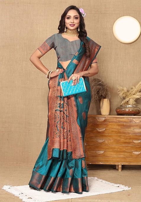 Teal Jacquard Blended Saree Set