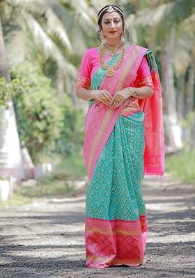Green Jacquard Blended Saree Set
