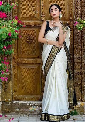 White Embroidered Blended Saree Set