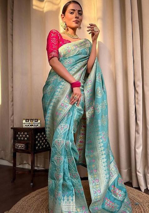 Blue Jacquard Blended Saree Set
