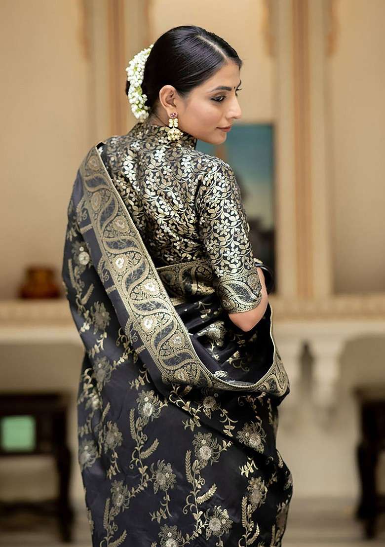 Black Embroidered Blended Saree Set for Diwali and Festive Wear - Indya