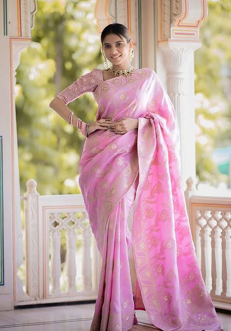 Pink Jacquard Blended Saree Set