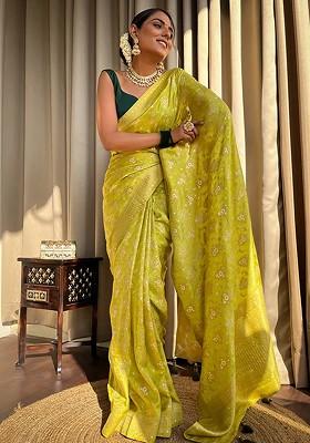Green Jacquard Blended Saree Set