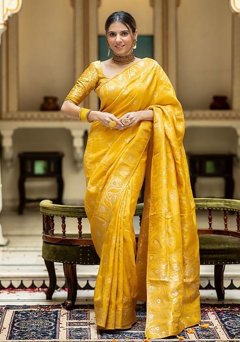 Yellow Jacquard Blended Saree Set — view on Indya