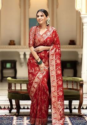 Red Jacquard Blended Saree Set