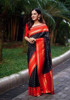 Black Jacquard Blended Saree Set