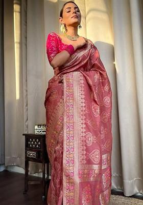 Peach Jacquard Blended Saree Set