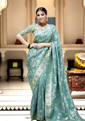 Green Embroidered Blended Saree Set
