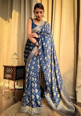Blue Jacquard Blended Saree Set