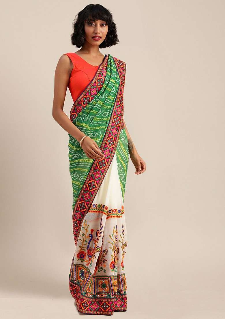 Green Blended Saree Set with Printed for Diwali | Wedding & Festive Wear - Indya