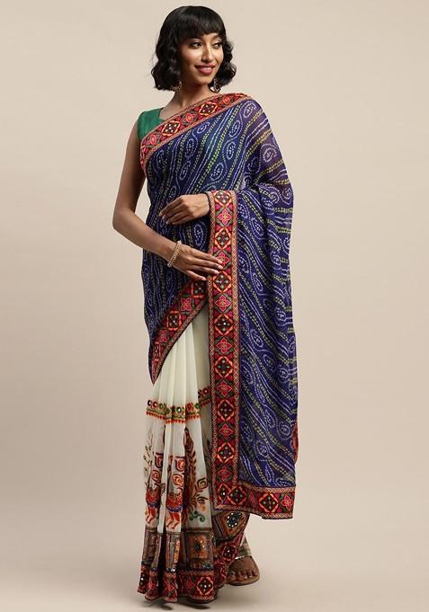 Navy Blue Printed Blended Saree Set — view on Indya