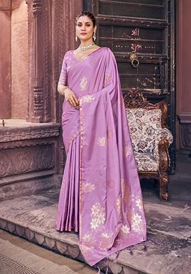 Purple Embroidered Blended Saree Set