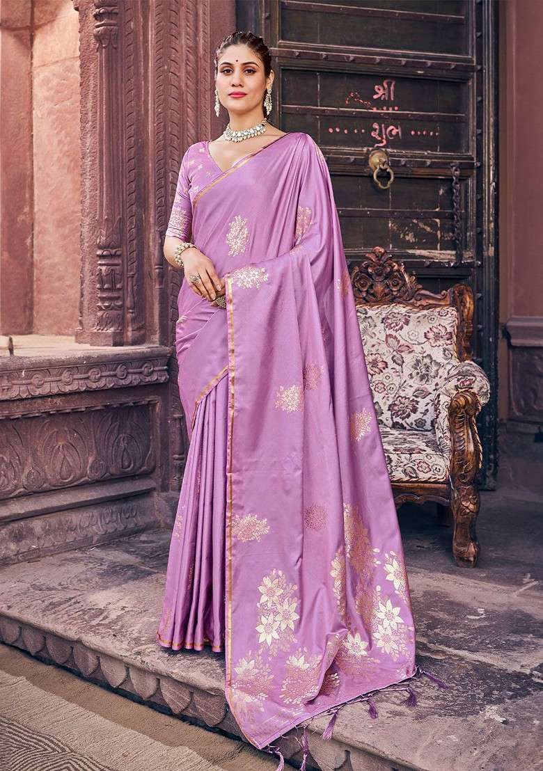 Purple Blended Saree Set with Embroidered for Diwali | Wedding & Festive Wear - Indya