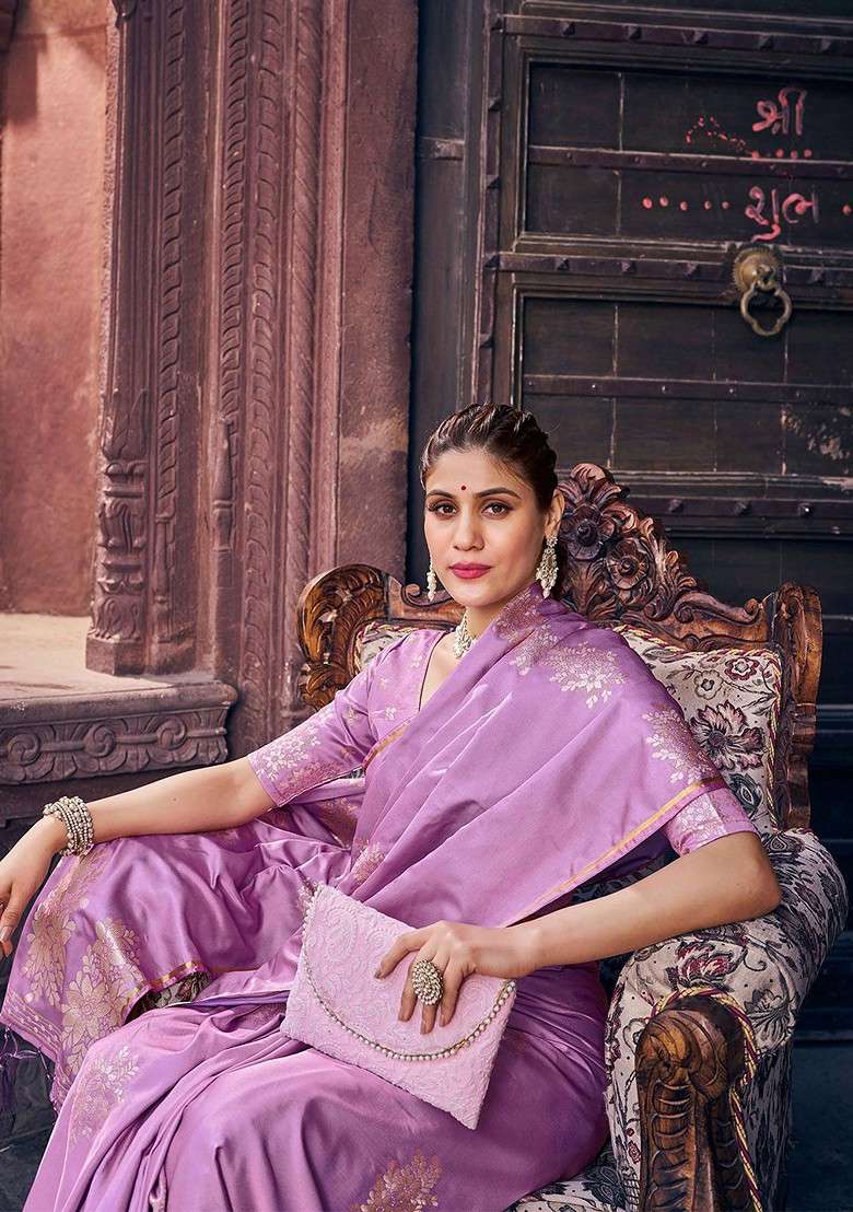 Purple Blended Saree Set with Embroidered for Diwali | Wedding & Festive Wear - Indya