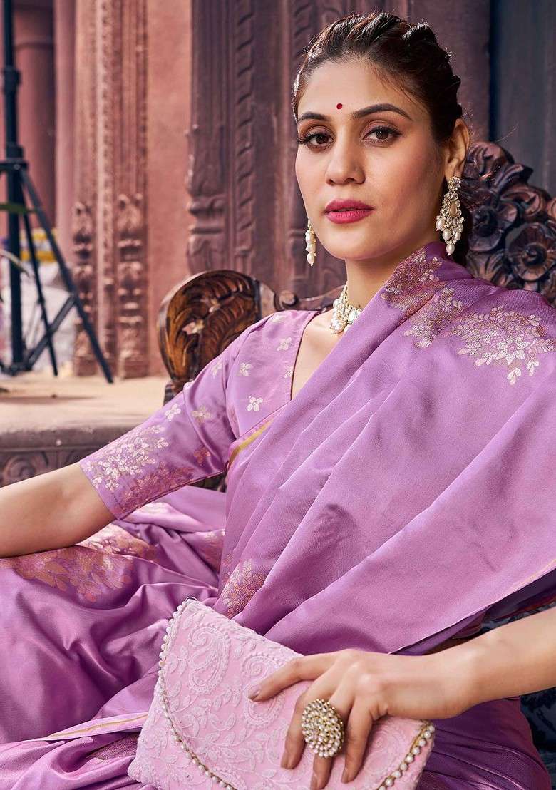Purple Blended Saree Set with Embroidered for Diwali | Wedding & Festive Wear - Indya